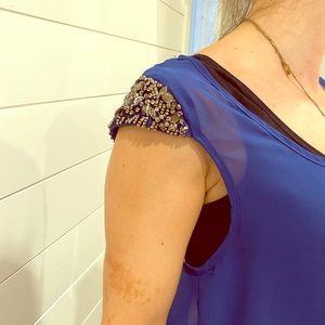 Sheer royal blue beaded cap sleeve blouse